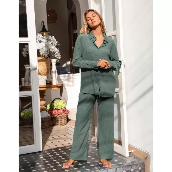Ekouaer Lounge Set for Women Button Down 2 Pieces Outfits Long Sleeve Pajamas Loungewear with Pockets SXXLDark Army Green