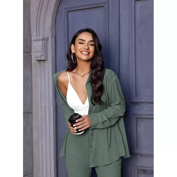 Ekouaer Lounge Set for Women Button Down 2 Pieces Outfits Long Sleeve Pajamas Loungewear with Pockets SXXLDark Army Green