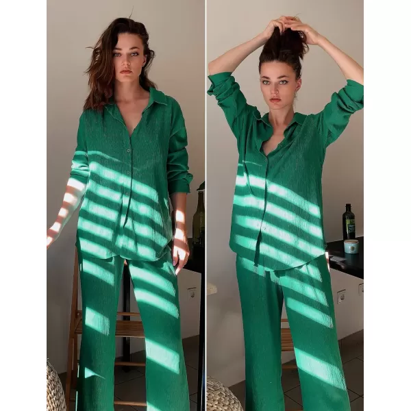 Ekouaer Lounge Set for Women Button Down 2 Pieces Outfits Long Sleeve Pajamas Loungewear with Pockets SXXLGreen