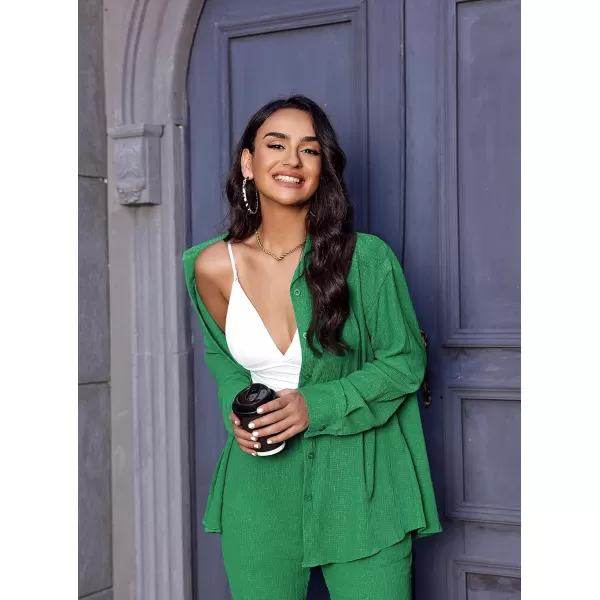 Ekouaer Lounge Set for Women Button Down 2 Pieces Outfits Long Sleeve Pajamas Loungewear with Pockets SXXLGreen