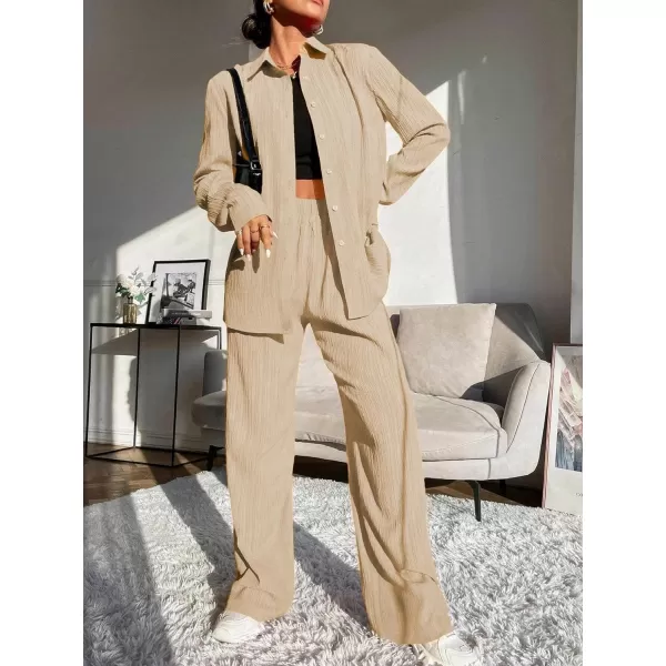 Ekouaer Lounge Set for Women Button Down 2 Pieces Outfits Long Sleeve Pajamas Loungewear with Pockets SXXLKhaki