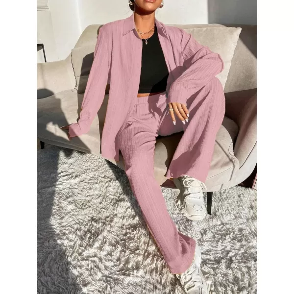 Ekouaer Lounge Set for Women Button Down 2 Pieces Outfits Long Sleeve Pajamas Loungewear with Pockets SXXLPink