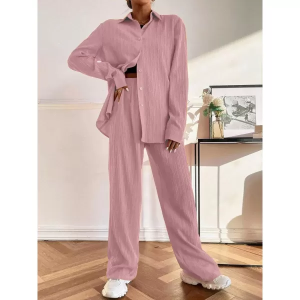 Ekouaer Lounge Set for Women Button Down 2 Pieces Outfits Long Sleeve Pajamas Loungewear with Pockets SXXLPink