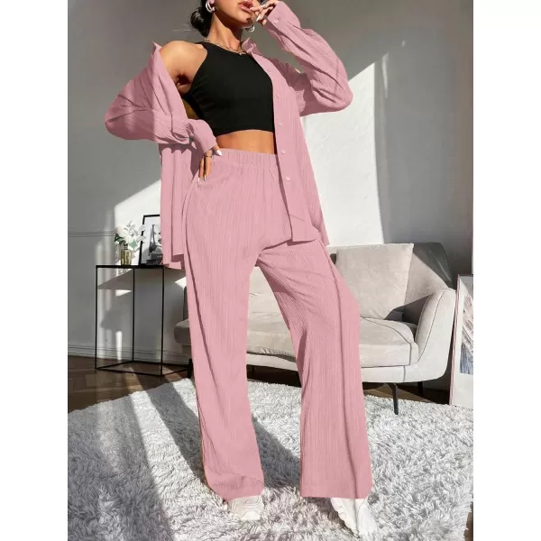 Ekouaer Lounge Set for Women Button Down 2 Pieces Outfits Long Sleeve Pajamas Loungewear with Pockets SXXLPink