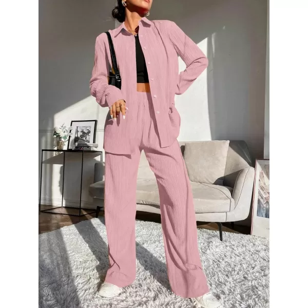 Ekouaer Lounge Set for Women Button Down 2 Pieces Outfits Long Sleeve Pajamas Loungewear with Pockets SXXLPink