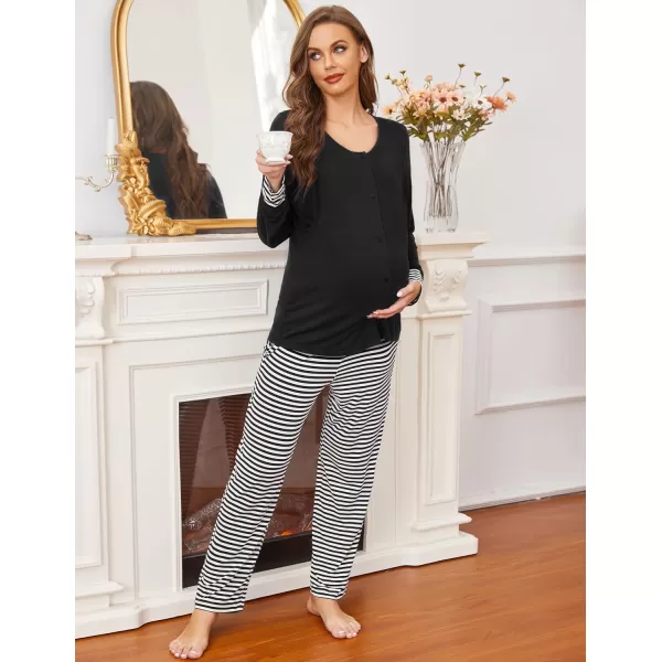 Ekouaer Maternity Nursing Pajama Set Long Sleeves Breastfeeding Sleepwear Soft Hospital Pregnancy pjs SetsBlack