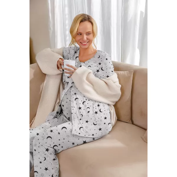 Ekouaer Maternity Nursing Pajama Set Long Sleeves Breastfeeding Sleepwear Soft Hospital Pregnancy pjs SetsGray Star