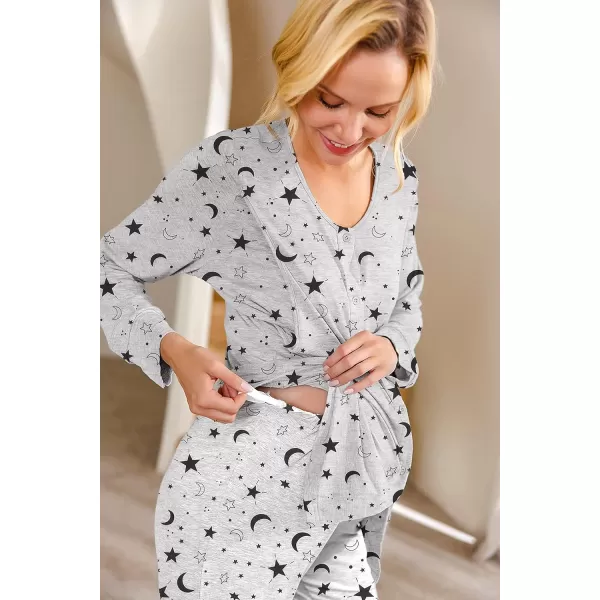 Ekouaer Maternity Nursing Pajama Set Long Sleeves Breastfeeding Sleepwear Soft Hospital Pregnancy pjs SetsGray Star