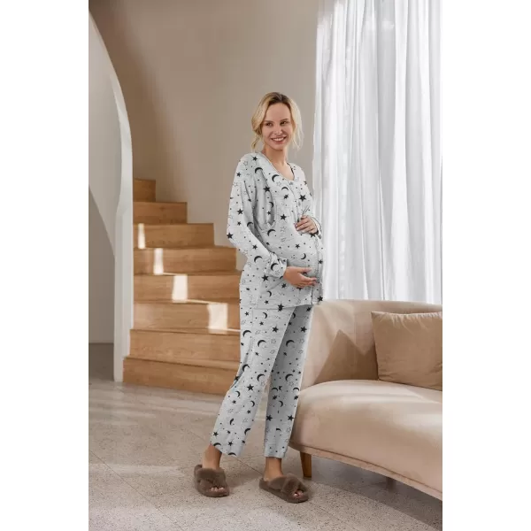 Ekouaer Maternity Nursing Pajama Set Long Sleeves Breastfeeding Sleepwear Soft Hospital Pregnancy pjs SetsGray Star