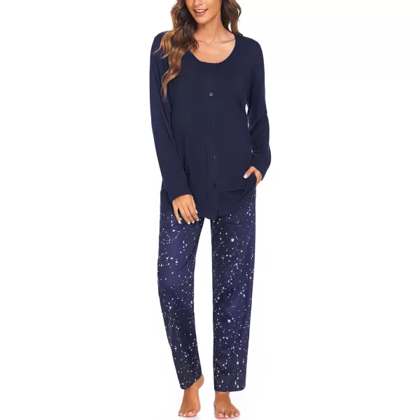 Ekouaer Maternity Nursing Pajama Set Long Sleeves Breastfeeding Sleepwear Soft Hospital Pregnancy pjs SetsNavy Blue Stars