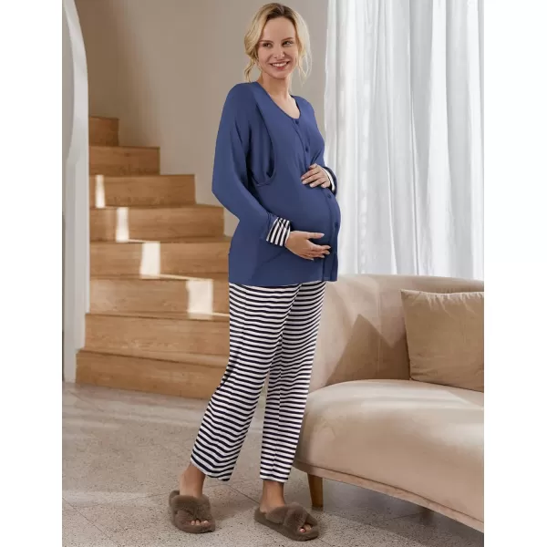 Ekouaer Maternity Nursing Pajama Set Long Sleeves Breastfeeding Sleepwear Soft Hospital Pregnancy pjs SetsNavy Blue Striped