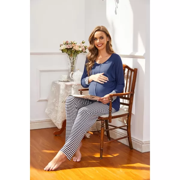 Ekouaer Maternity Nursing Pajama Set Long Sleeves Breastfeeding Sleepwear Soft Hospital Pregnancy pjs SetsNavy Blue Striped