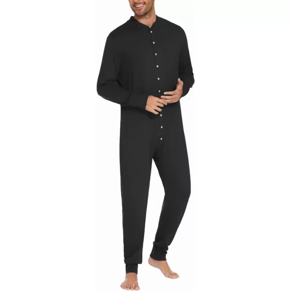 Ekouaer Mens Thermal Union Suit Button Down Onesies Long Sleeve One Piece Pajama with Button Flap SXXLBlack