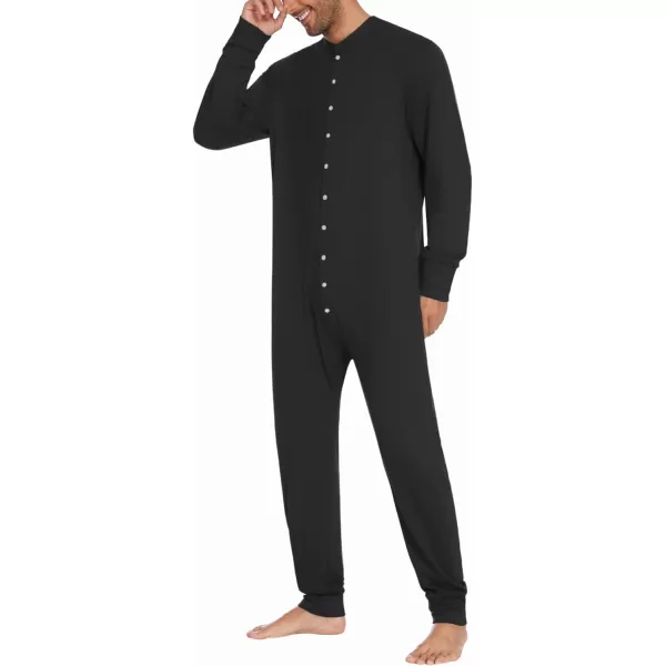 Ekouaer Mens Thermal Union Suit Button Down Onesies Long Sleeve One Piece Pajama with Button Flap SXXLBlack