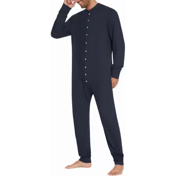 Ekouaer Mens Thermal Union Suit Button Down Onesies Long Sleeve One Piece Pajama with Button Flap SXXLNavy Blue