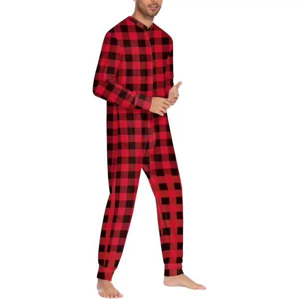 Ekouaer Mens Thermal Union Suit Button Down Onesies Long Sleeve One Piece Pajama with Button Flap SXXLRedBlack Plaid