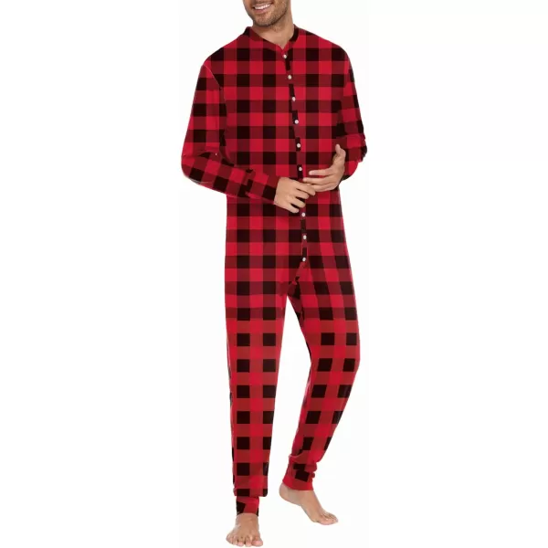 Ekouaer Mens Thermal Union Suit Button Down Onesies Long Sleeve One Piece Pajama with Button Flap SXXLRedBlack Plaid