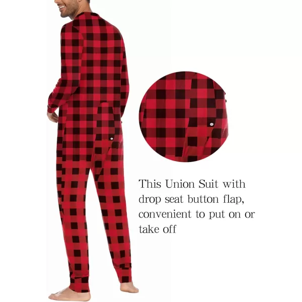 Ekouaer Mens Thermal Union Suit Button Down Onesies Long Sleeve One Piece Pajama with Button Flap SXXLRedBlack Plaid