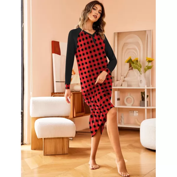 Ekouaer Nightgown Long Sleeve for Women Sleepwear V Neck Loungewear Button Full Length NightshirtAred amp Black Plaid