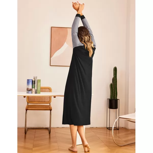 Ekouaer Nightgown Long Sleeve for Women Sleepwear V Neck Loungewear Button Full Length NightshirtBlack3