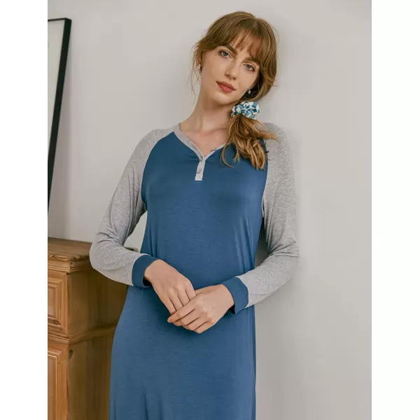 Ekouaer Nightgown Long Sleeve for Women Sleepwear V Neck Loungewear Button Full Length NightshirtNavy