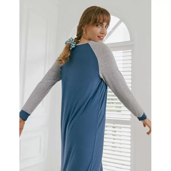 Ekouaer Nightgown Long Sleeve for Women Sleepwear V Neck Loungewear Button Full Length NightshirtNavy