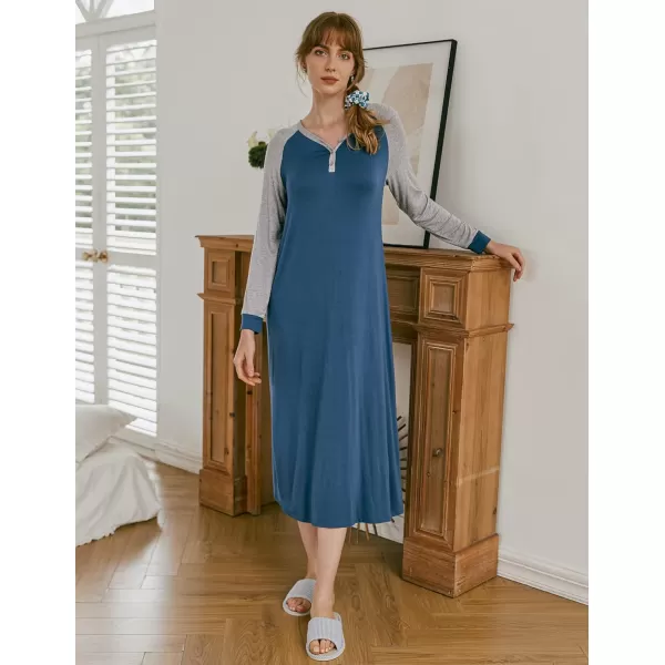 Ekouaer Nightgown Long Sleeve for Women Sleepwear V Neck Loungewear Button Full Length NightshirtNavy