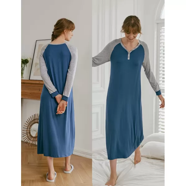 Ekouaer Nightgown Long Sleeve for Women Sleepwear V Neck Loungewear Button Full Length NightshirtNavy