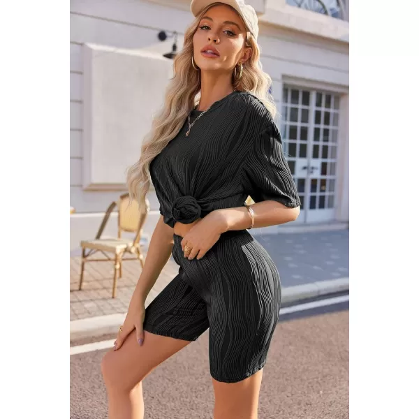 Ekouaer Pajamas 2 Piece Lounge Sets Short Sleeve Matching Outfits Oversized Shirt Biker Shorts Set Soft Sleepwear SweatsuitsBlack