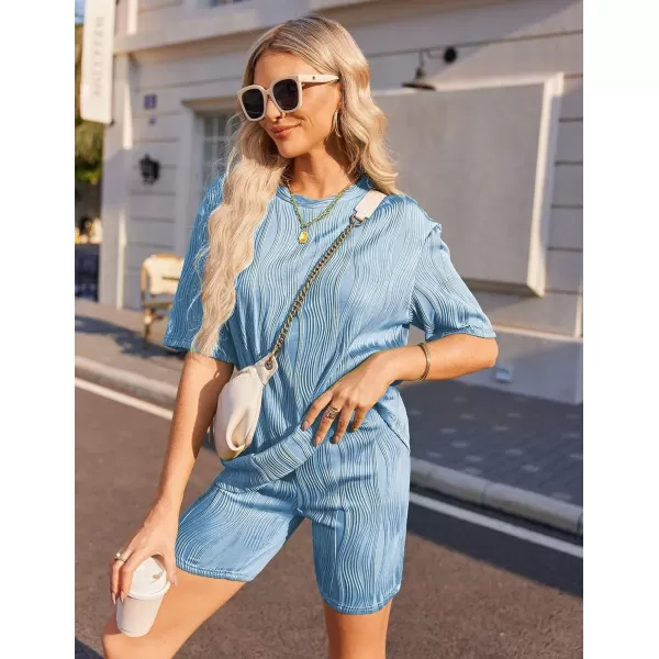 Ekouaer Pajamas 2 Piece Lounge Sets Short Sleeve Matching Outfits Oversized Shirt Biker Shorts Set Soft Sleepwear SweatsuitsBlue