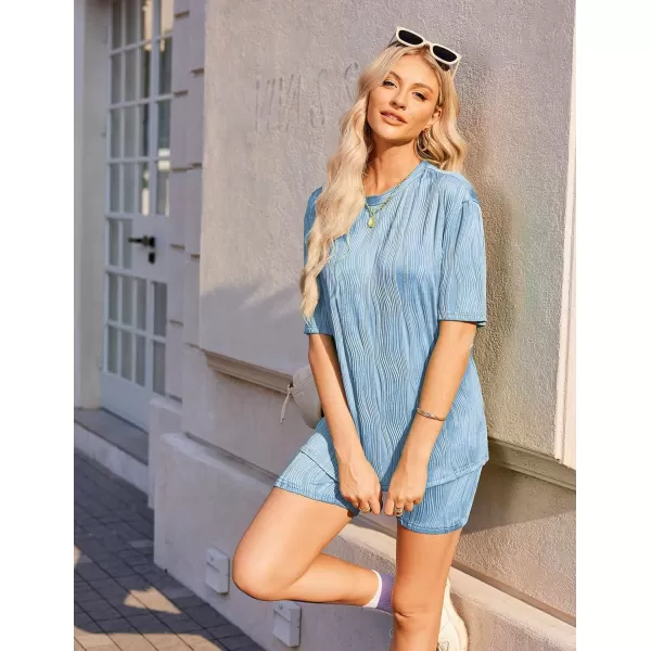 Ekouaer Pajamas 2 Piece Lounge Sets Short Sleeve Matching Outfits Oversized Shirt Biker Shorts Set Soft Sleepwear SweatsuitsBlue