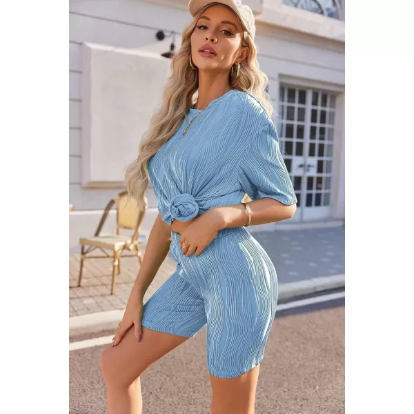 Ekouaer Pajamas 2 Piece Lounge Sets Short Sleeve Matching Outfits Oversized Shirt Biker Shorts Set Soft Sleepwear SweatsuitsBlue