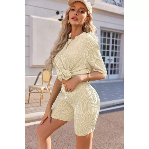 Ekouaer Pajamas 2 Piece Lounge Sets Short Sleeve Matching Outfits Oversized Shirt Biker Shorts Set Soft Sleepwear SweatsuitsChampagne