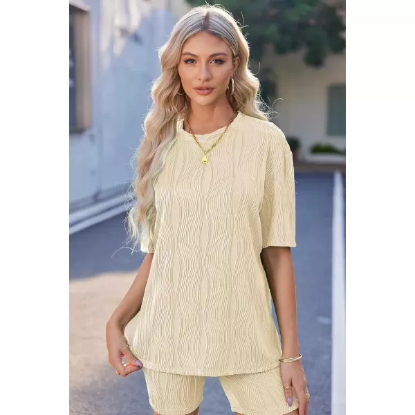 Ekouaer Pajamas 2 Piece Lounge Sets Short Sleeve Matching Outfits Oversized Shirt Biker Shorts Set Soft Sleepwear SweatsuitsChampagne