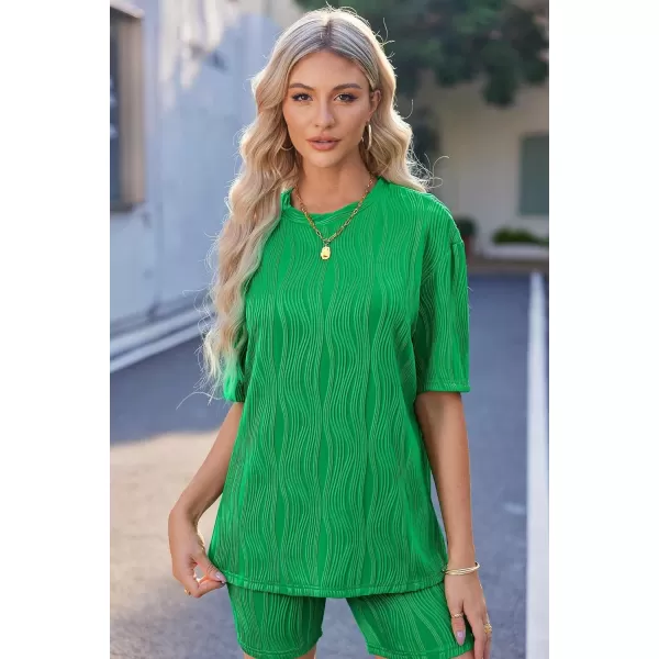 Ekouaer Pajamas 2 Piece Lounge Sets Short Sleeve Matching Outfits Oversized Shirt Biker Shorts Set Soft Sleepwear SweatsuitsGreen