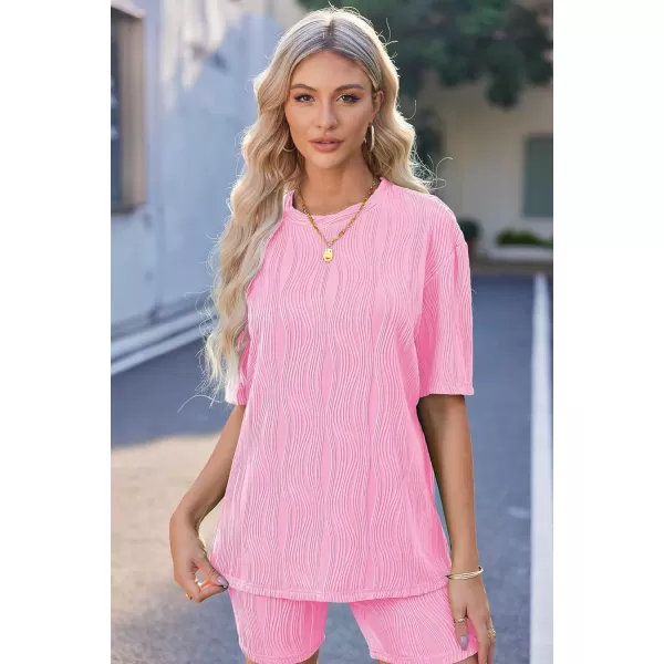 Ekouaer Pajamas 2 Piece Lounge Sets Short Sleeve Matching Outfits Oversized Shirt Biker Shorts Set Soft Sleepwear SweatsuitsPink