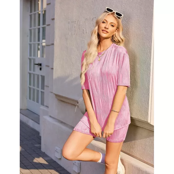 Ekouaer Pajamas 2 Piece Lounge Sets Short Sleeve Matching Outfits Oversized Shirt Biker Shorts Set Soft Sleepwear SweatsuitsPink