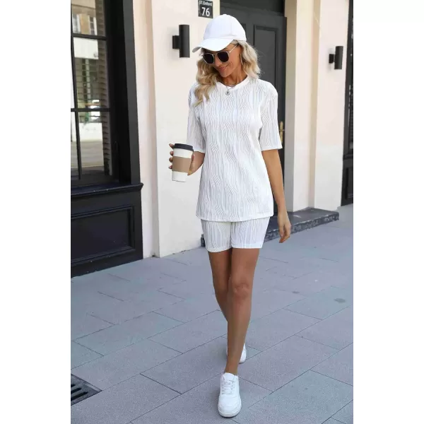 Ekouaer Pajamas 2 Piece Lounge Sets Short Sleeve Matching Outfits Oversized Shirt Biker Shorts Set Soft Sleepwear SweatsuitsWhite