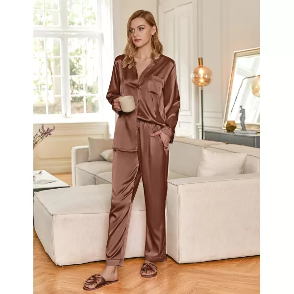 Ekouaer Satin Pajamas Set Womens Long Sleeve Sleepwear Classic Button Down Loungewear Silk Pjs with PocketsBrown