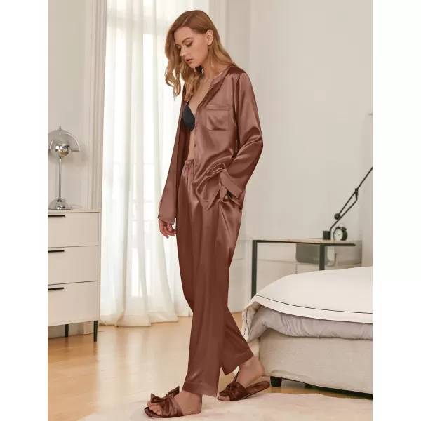 Ekouaer Satin Pajamas Set Womens Long Sleeve Sleepwear Classic Button Down Loungewear Silk Pjs with PocketsBrown