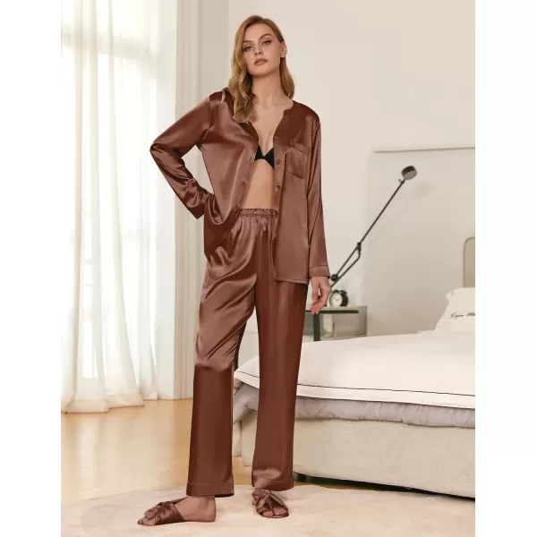 Ekouaer Satin Pajamas Set Womens Long Sleeve Sleepwear Classic Button Down Loungewear Silk Pjs with PocketsBrown