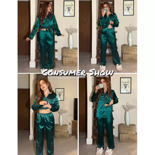 Ekouaer Satin Pajamas Set Womens Long Sleeve Sleepwear Classic Button Down Loungewear Silk Pjs with PocketsDark Green