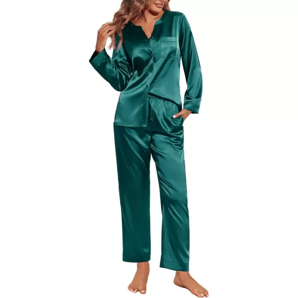 Ekouaer Satin Pajamas Set Womens Long Sleeve Sleepwear Classic Button Down Loungewear Silk Pjs with PocketsDark Green