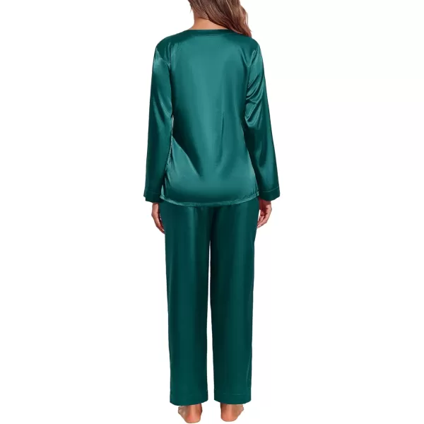 Ekouaer Satin Pajamas Set Womens Long Sleeve Sleepwear Classic Button Down Loungewear Silk Pjs with PocketsDark Green