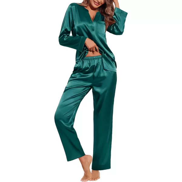 Ekouaer Satin Pajamas Set Womens Long Sleeve Sleepwear Classic Button Down Loungewear Silk Pjs with PocketsDark Green