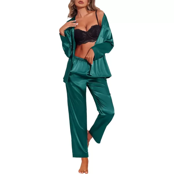 Ekouaer Satin Pajamas Set Womens Long Sleeve Sleepwear Classic Button Down Loungewear Silk Pjs with PocketsDark Green