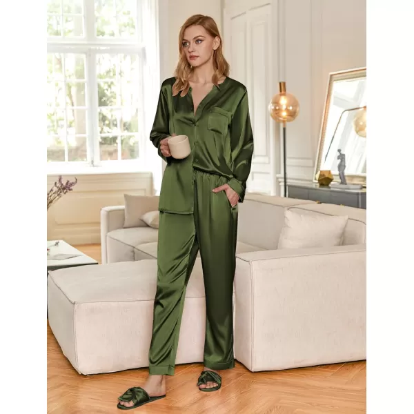 Ekouaer Satin Pajamas Set Womens Long Sleeve Sleepwear Classic Button Down Loungewear Silk Pjs with PocketsDeep Army Green