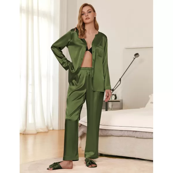 Ekouaer Satin Pajamas Set Womens Long Sleeve Sleepwear Classic Button Down Loungewear Silk Pjs with PocketsDeep Army Green