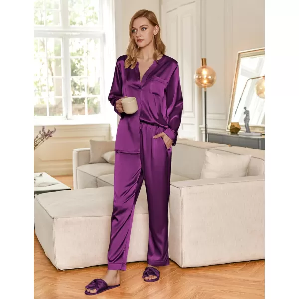 Ekouaer Satin Pajamas Set Womens Long Sleeve Sleepwear Classic Button Down Loungewear Silk Pjs with PocketsEggplant Purple