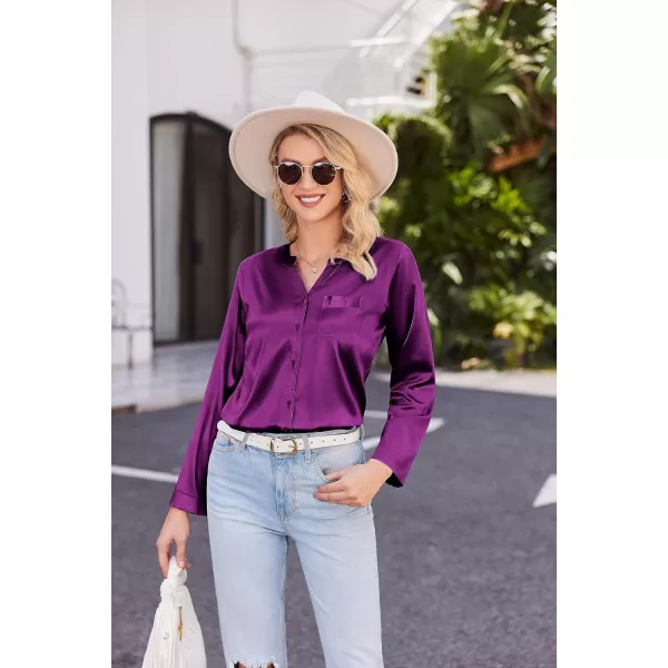 Ekouaer Satin Pajamas Set Womens Long Sleeve Sleepwear Classic Button Down Loungewear Silk Pjs with PocketsEggplant Purple